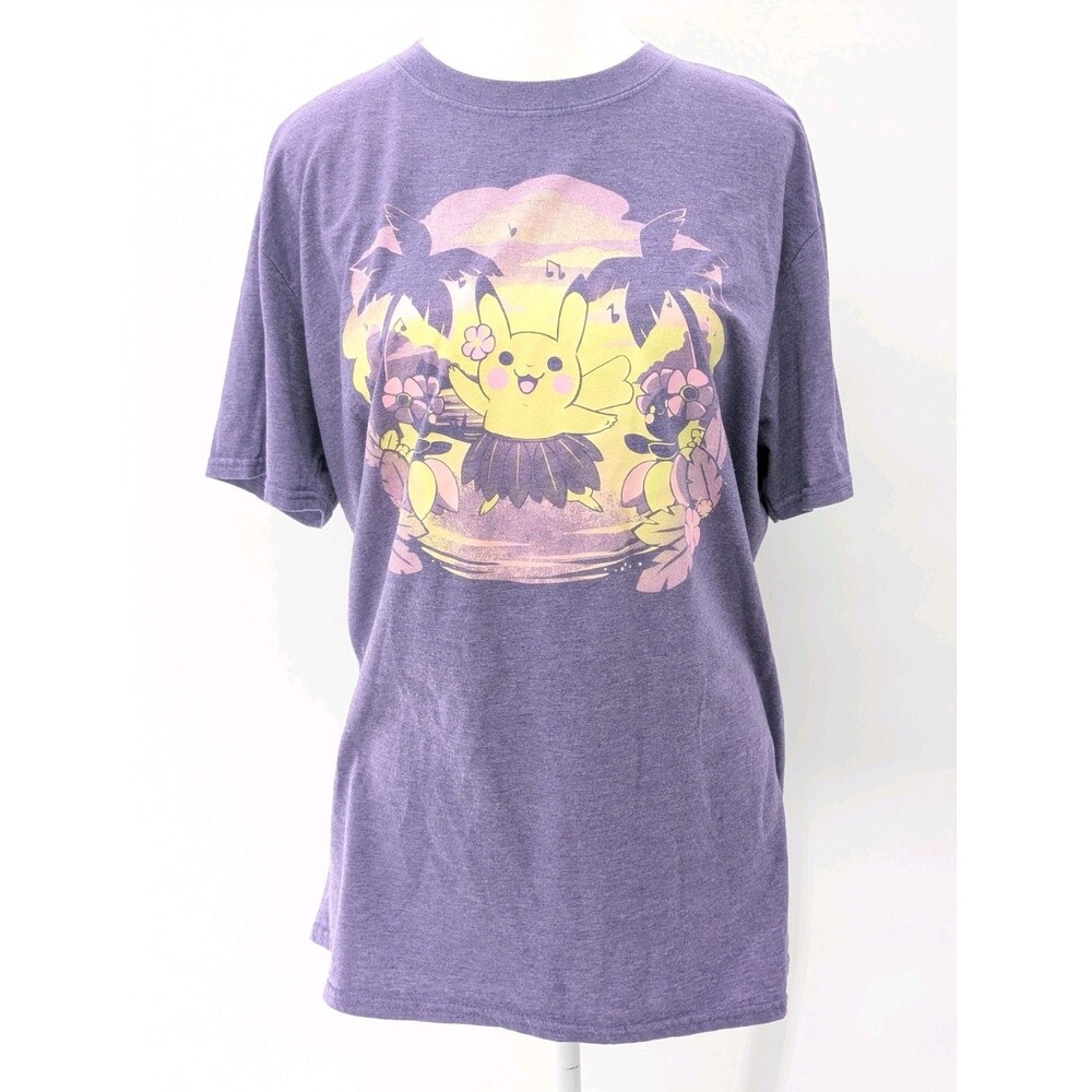 Pikachu Purple Hawaiian Beach Ocean Gildan Soft Style Pokemon T-Shirt Size Large